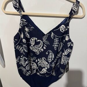 Express Dark Blue and White Floral Bodysuit